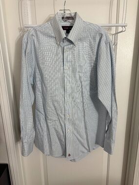 Nordstrom Traditional Cotton Oxford Non-Iron Dress Shirt Checkered Light Blue